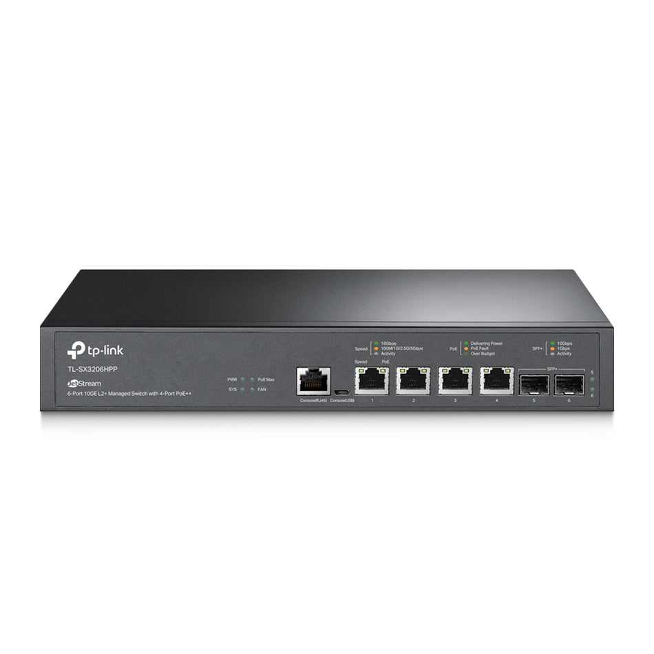 TP-Link | TL-SX3206HPP | JetStream 4 Port 10GBase-T and 2 Port 10GE SFP+ L2+ Managed Rackmount Switch with 4 Port PoE++