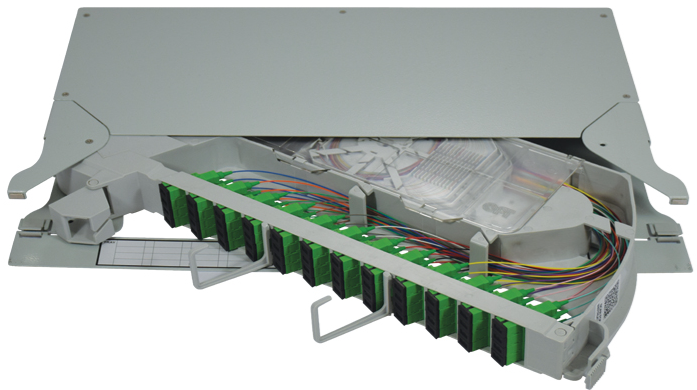 1RU | 19" rack mount pivot FOBOT splice / patch shelf | Capacity 48 - single mode SC/APC pigtails & simplex SC/APC adapters