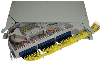 1RU | 19" rack mount pivot FOBOT splice / patch shelf | Capacity 96 - single mode LC/UPC pigtails & quad LC/UPC adapters