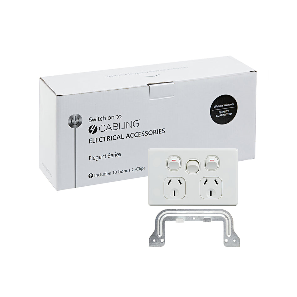 4C | Elegant Double Power Point 250V 10A with Extra Switch | Horizontal | 10 Pack with 10 FREE C-Clips