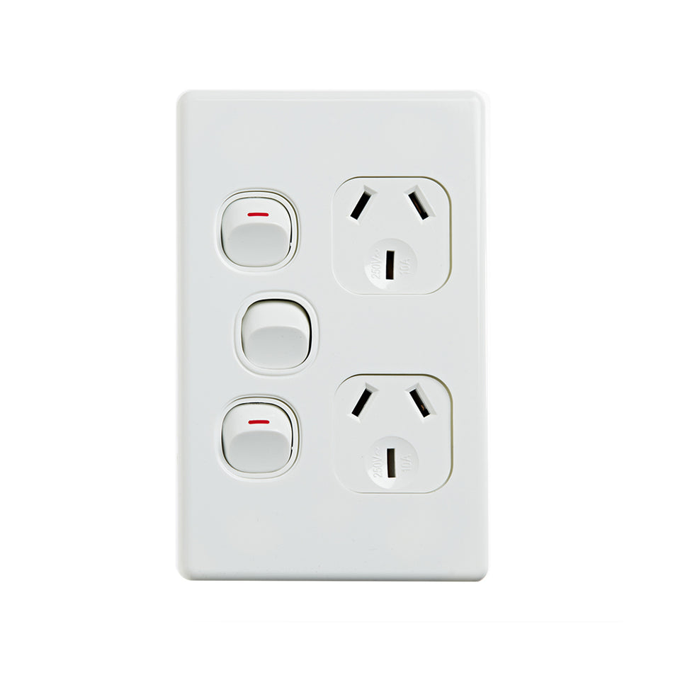 4C | Elegant Double Power Point 250V 10A with Extra Switch | Vertical