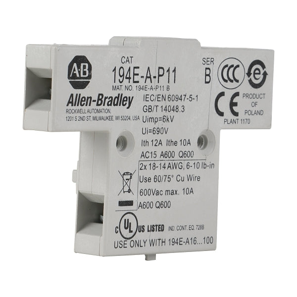 Allen-Bradley 194E Auxiliary Contact 1 N.O + 1 N.C for 194EA Base/Din Rail mount 16 - 100A***EMAIL/TEXT FOR PRICING***