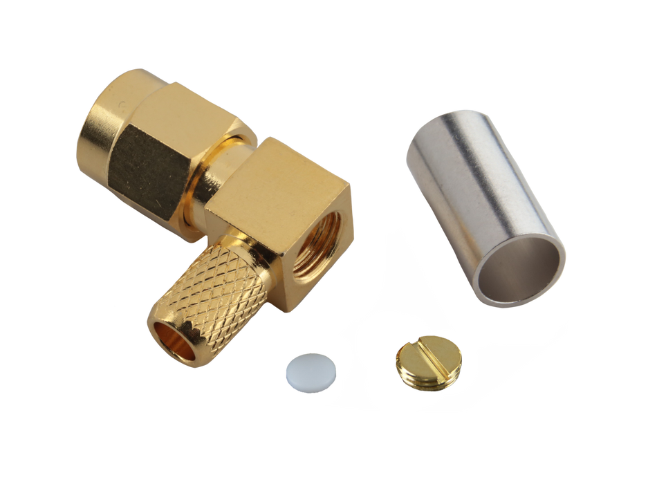 Hills Antenna SMA Connector Male Right Angle Crimp for LL195 & RG-58 Mini Cable - Gold Plated Body