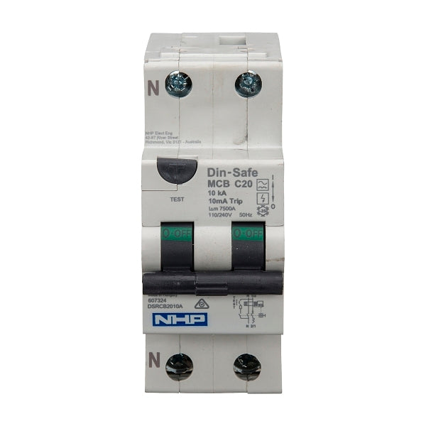 NHP DIN-T Residual Current Device Short Body w/ Overcurrent 10kA 20A 1Pole and N C Curve 10mA Type A***EMAIL/TEXT FOR PRICING***