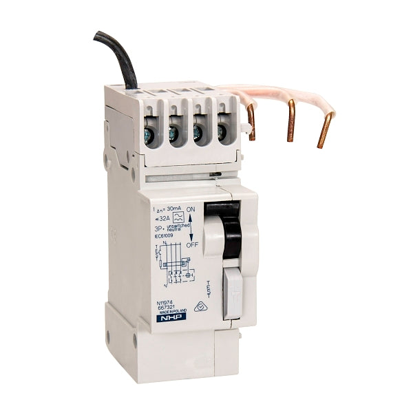 NHP DIN-T DINSAFE Residual Current Devices Add on module Clip On 3Pole and Neutral 32A 30mA Type A***EMAIL/TEXT FOR PRICING***