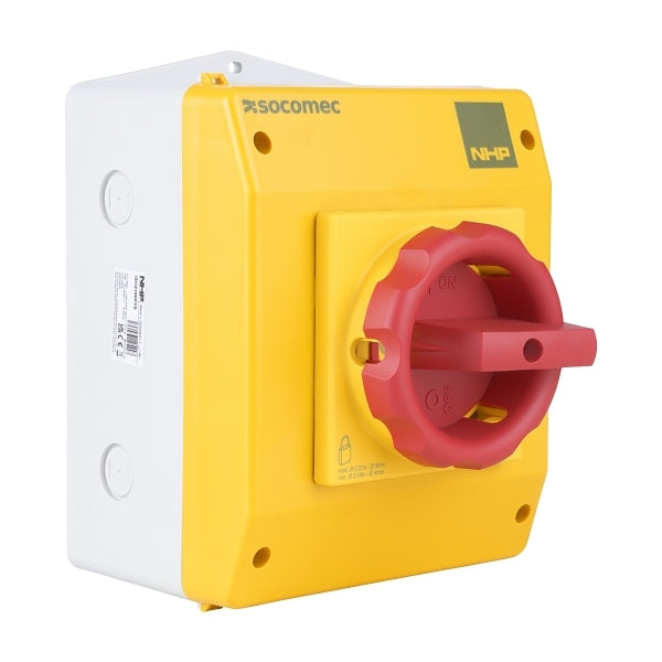 Socomec ISO Enclosed Isolator, IP 65 Plastic Yellow, Handle - Red, 3P 100A***EMAIL/TEXT FOR PRICING***