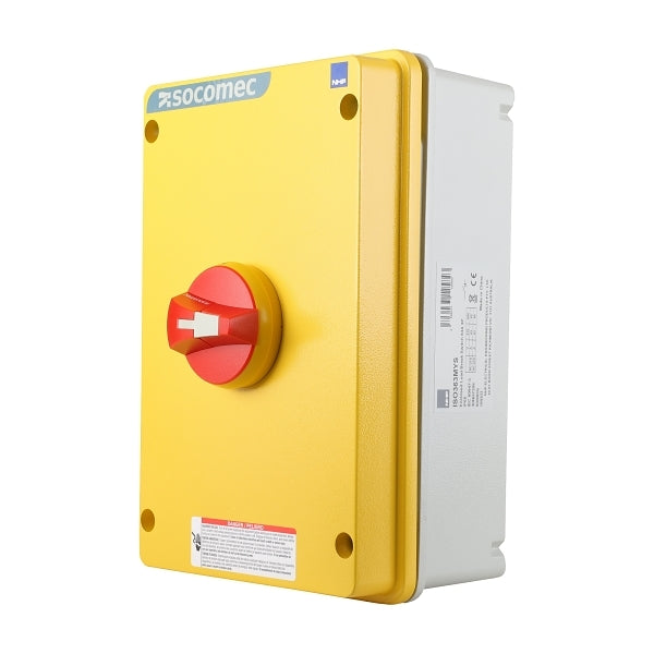 Socomec ISO Enclosed Isolator, IP 65 Aluminium Yellow, Handle - Red, 3P 160A***EMAIL/TEXT FOR PRICING***