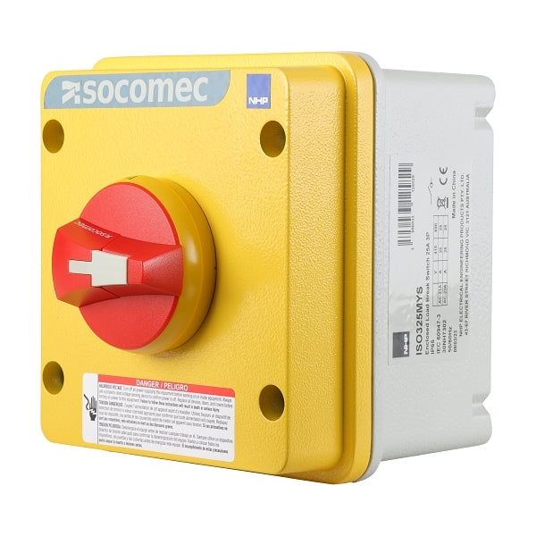 Socomec ISO Enclosed Isolator, IP 65 Aluminium Yellow, Handle - Red, 3P 25A***EMAIL/TEXT FOR PRICING***