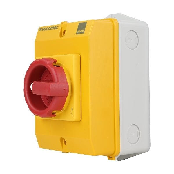 Socomec ISO Enclosed Isolator, IP 65 Plastic Yellow, Handle - Red, 3P 32A***EMAIL/TEXT FOR PRICING***