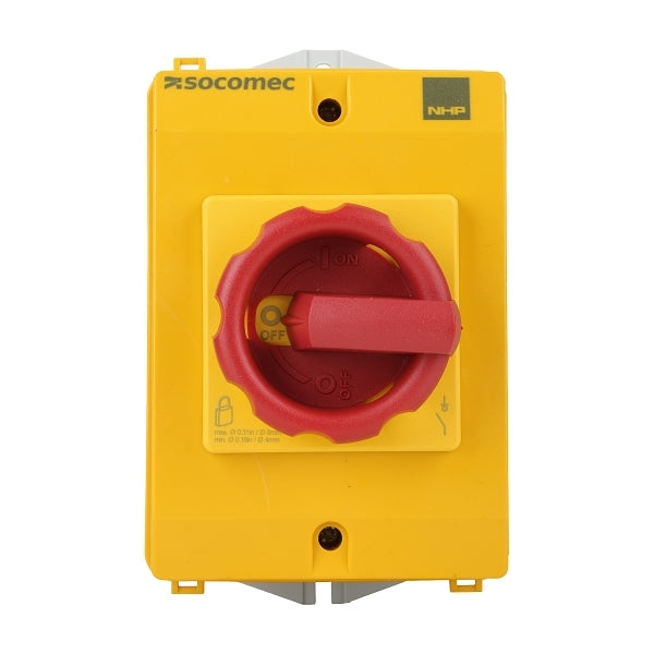 Socomec ISO Enclosed Isolator, IP 65 Plastic Yellow, Handle - Red, 3P 63A***EMAIL/TEXT FOR PRICING***