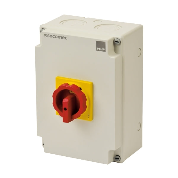 Socomec ISO Enclosed Isolator, IP 65 Plastic Yellow, Handle - Red, 4P 125A***EMAIL/TEXT FOR PRICING***