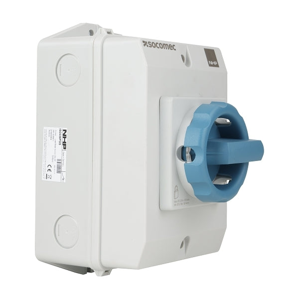 Socomec ISO Enclosed Isolator, IP 65 Plastic Grey, Handle - Blue, 4P 25A***EMAIL/TEXT FOR PRICING***