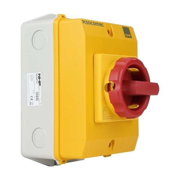 Socomec ISO Enclosed Isolator, IP 65 Plastic Yellow, Handle - Red, 4P 25A***EMAIL/TEXT FOR PRICING***