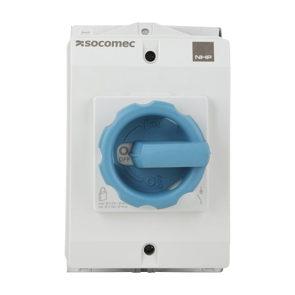 Socomec ISO Enclosed Isolator, IP 65 Plastic Grey, Handle - Blue, 4P 40A***EMAIL/TEXT FOR PRICING***