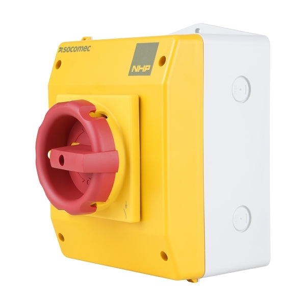 Socomec ISO Enclosed Isolator, IP 65 Plastic Yellow, Handle - Red, 4P 63A***EMAIL/TEXT FOR PRICING***