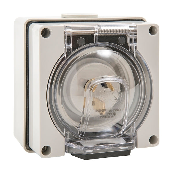 NHP ISO Appliance Inlet, 3 Flat Pins 15A 250V AC, w/ Base 38mm, Grey***EMAIL/TEXT FOR PRICING***