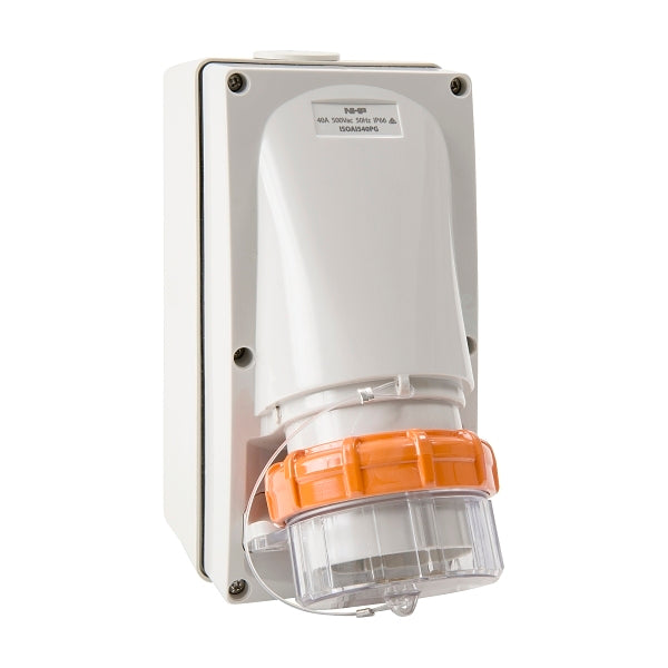 NHP ISO Appliance Inlet, 5 Round Pins 40A 500V AC, w/ Base 63mm, Grey***EMAIL/TEXT FOR PRICING***