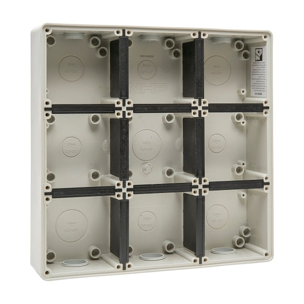 NHP ISO Back Box/Base, 9 Gang (3 x 3) - Large 63mm depth, Grey***EMAIL/TEXT FOR PRICING***