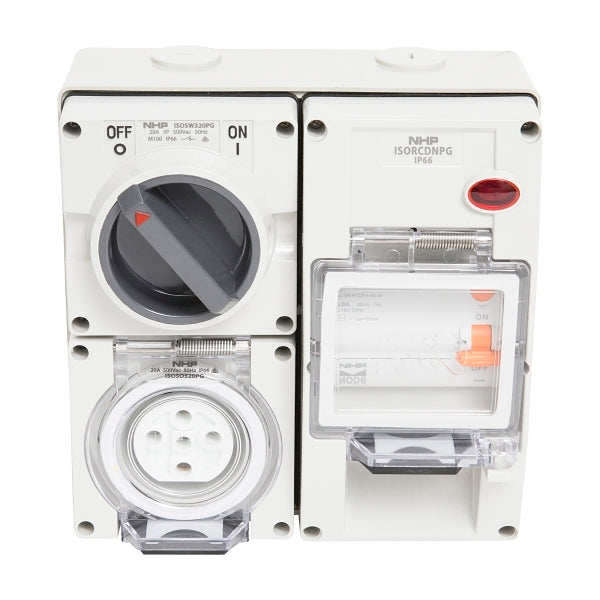 NHP ISO Switched Socket Outlet - RCD, 5 Round Pins 20A 500V AC, with Base, GY***EMAIL/TEXT FOR PRICING***