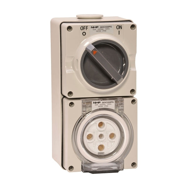 NHP ISO Switched Socket Outlet, 5 Round Pins 50A 500V AC, with Base, GY***EMAIL/TEXT FOR PRICING***