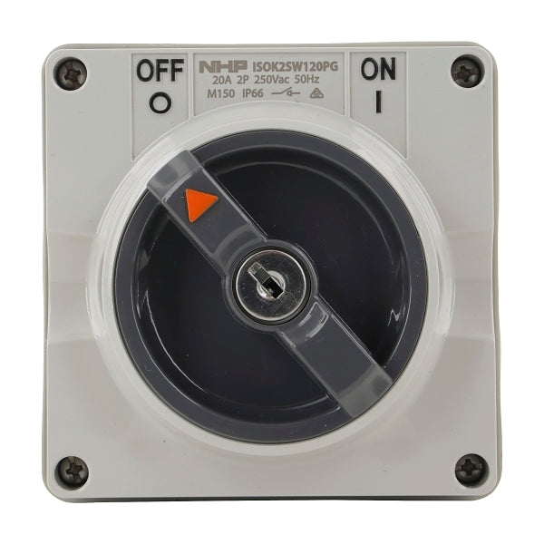 NHP ISO Surface Switch - Key, Lock in ON/OFF, 2 Pole 20A 250V AC, w/ Base, Grey***EMAIL/TEXT FOR PRICING***