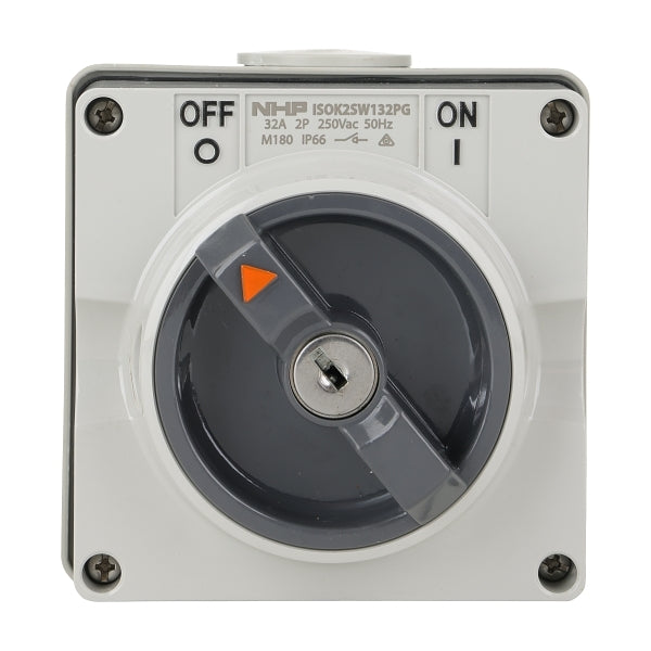 NHP ISO Surface Switch - Key, Lock in ON/OFF, 2 Pole 32A 250V AC, w/ Base, Grey***EMAIL/TEXT FOR PRICING***