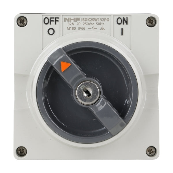 NHP ISO Surface Switch - Key, Lock in ON/OFF, 2 Pole 32A 250V AC, w/o Base, Grey***EMAIL/TEXT FOR PRICING***