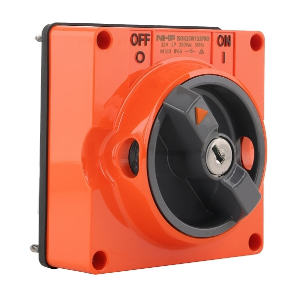 NHP ISO Surface Switch - Key, Lock in ON/OFF, 2 Pole 32A 250V AC, w/o Base, Resistant Orange***EMAIL/TEXT FOR PRICING***