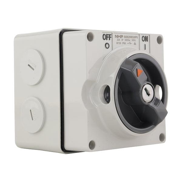 NHP ISO Surface Switch - Key, Lock in ON/OFF, 3 Pole 20A 500V AC, w/ Base, Grey***EMAIL/TEXT FOR PRICING***