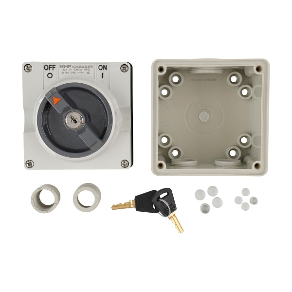 NHP ISO Surface Switch - Key, Lock in ON/OFF, 3 Pole 32A 500V AC, w/ Base, Grey***EMAIL/TEXT FOR PRICING***