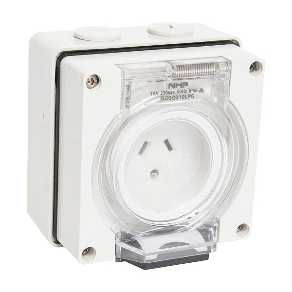 NHP ISO Socket Outlet, 2 Flat Pins + 1 Round Earth 10A 250V AC, w/ Base, Grey***EMAIL/TEXT FOR PRICING***