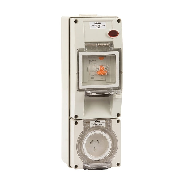 NHP ISO Socket Outlet - RCD, 3 Flat Pins 10A 250V AC, w/ Base, Grey***EMAIL/TEXT FOR PRICING***