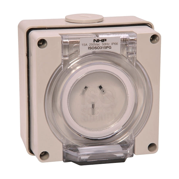 NHP ISO Socket Outlet, 3 Flat Pins 15A 250V AC, w/ Base, Grey***EMAIL/TEXT FOR PRICING***