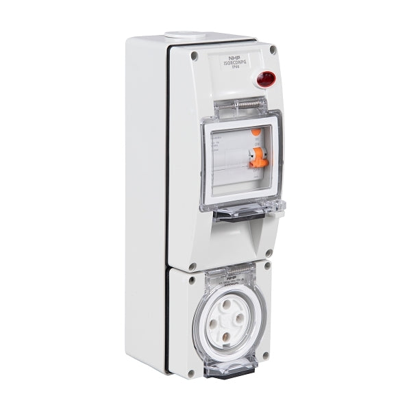 NHP ISO Socket Outlet - RCD, 4 Round Pins 32A 500V AC, with Base, Grey***EMAIL/TEXT FOR PRICING***