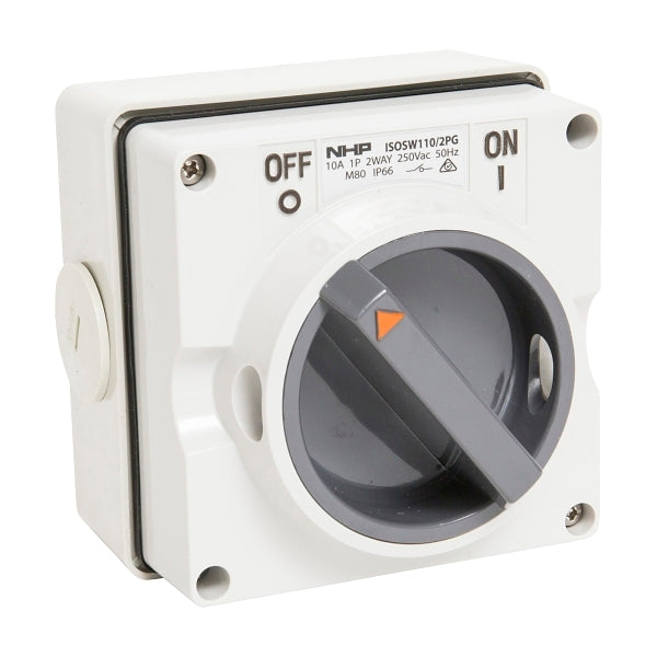 NHP ISO Surface Switch, 1 Pole 2 Way 10A 250V AC, w/ Base, Grey***EMAIL/TEXT FOR PRICING***