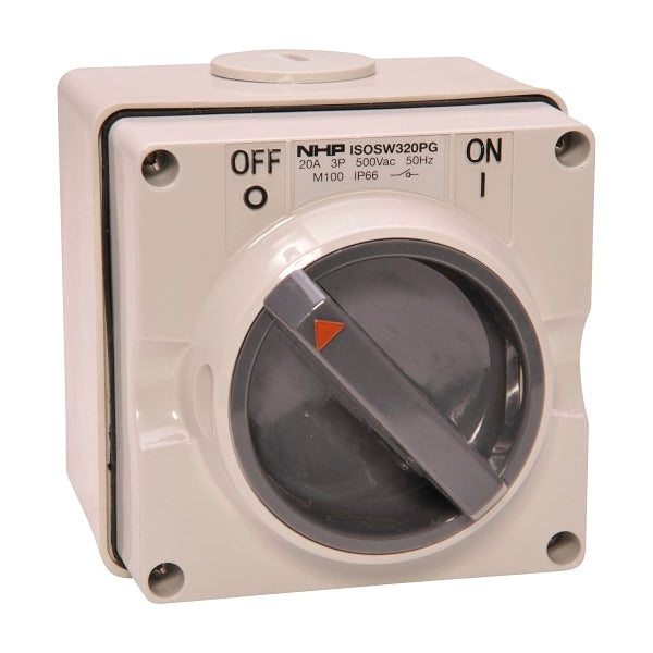 NHP ISO Surface Switch, 3 Pole 20A 500V AC, w/ Base, Grey***EMAIL/TEXT FOR PRICING***