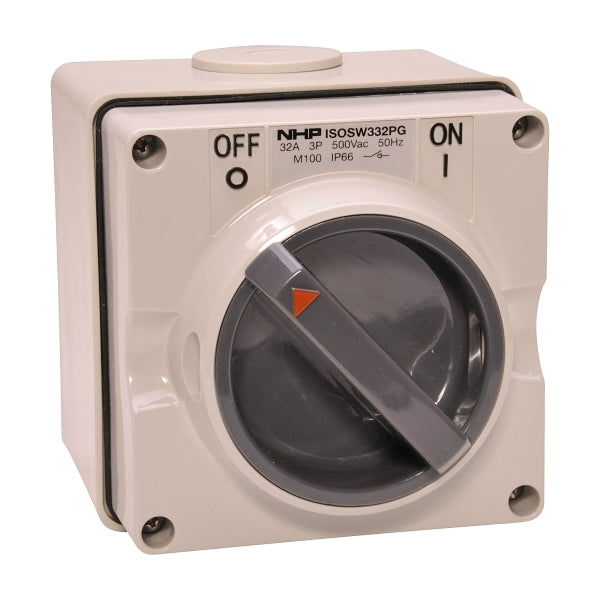 NHP ISO Surface Switch, 3 Pole 32A 500V AC, w/ Base, Grey***EMAIL/TEXT FOR PRICING***