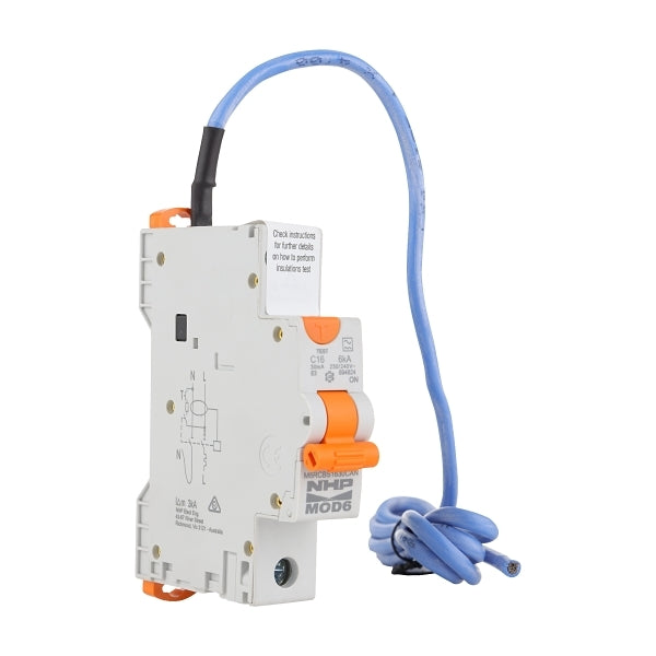 NHP MOD6 Residual Current Device - Short body w/ Overcurrent 6kA 10A 1PN C Curve 30mA Type A Pigtail***EMAIL/TEXT FOR PRICING***