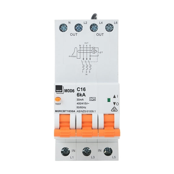 NHP MOD6 Residual Current Device - Long body w/ Overcurrent 6kA 20A 3PN C Curve 30mA Type A 54mm***EMAIL/TEXT FOR PRICING***