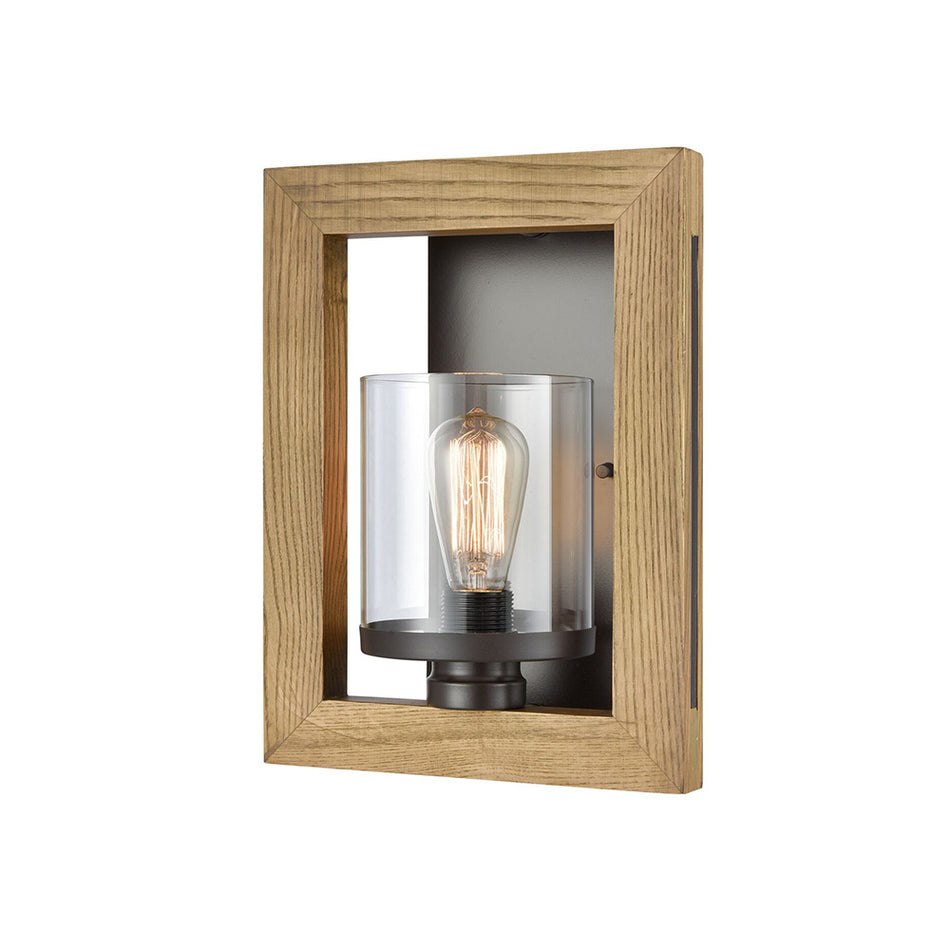 Timber Wall Light Warm Chestnut Wood Frame Clear Glass