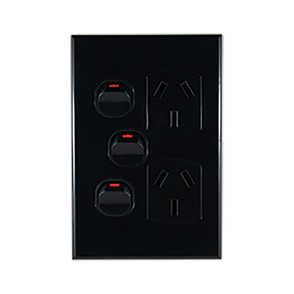 Double Power Point with Extra Switch – VERTICAL BLACK