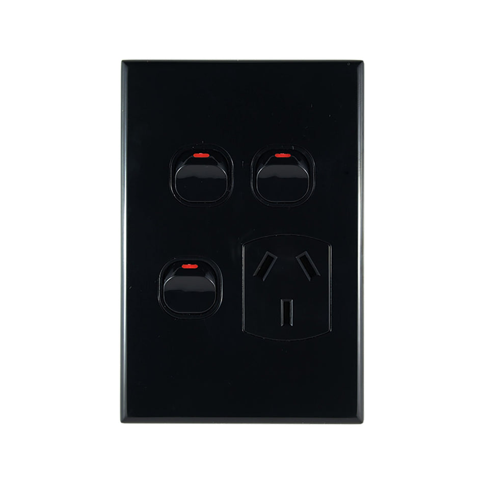 Single Power Point with 2 Extra Switches – VERTICAL BLACK