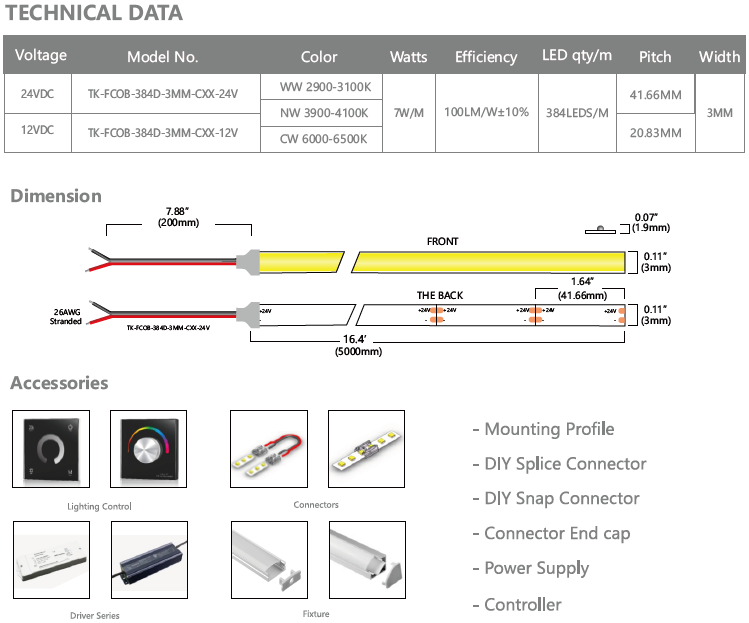 3mm COB Led Strip - 10m/reel