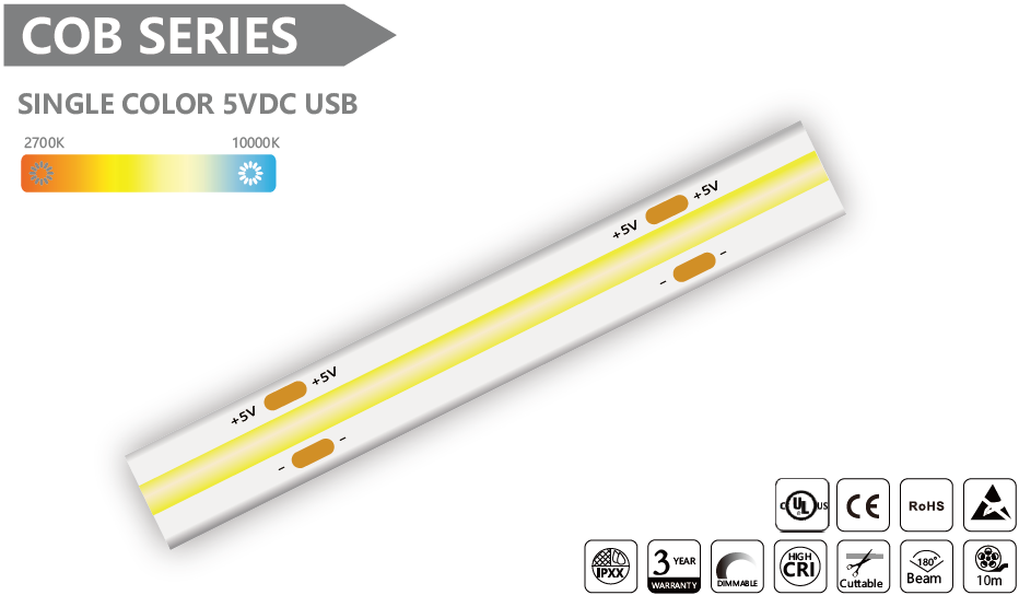 单色 5VDC USB COB LED 灯带 - 10m/卷