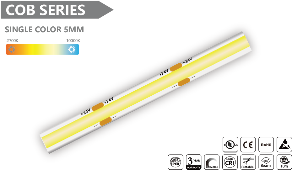 单色 5MM COB LED 灯带 - 10m/卷