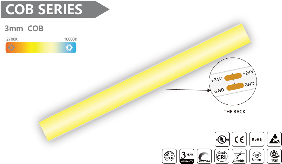 3mm COB LED 灯带 - 10m/卷