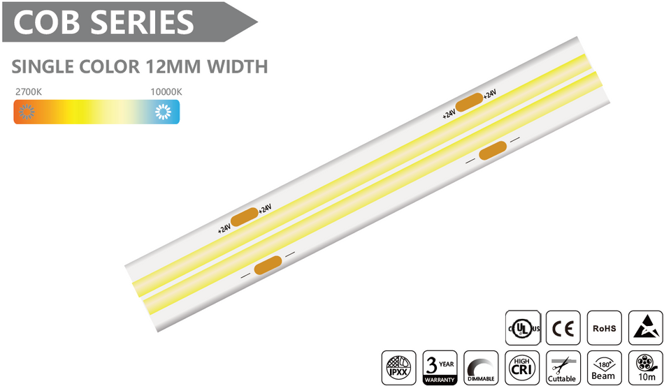 SINGLE COLOR 12MM WIDTH COB Led Strip - 10m/reel