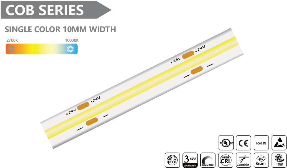 SINGLE COLOR 10MM WIDTH COB Led Strip - 10m/reel