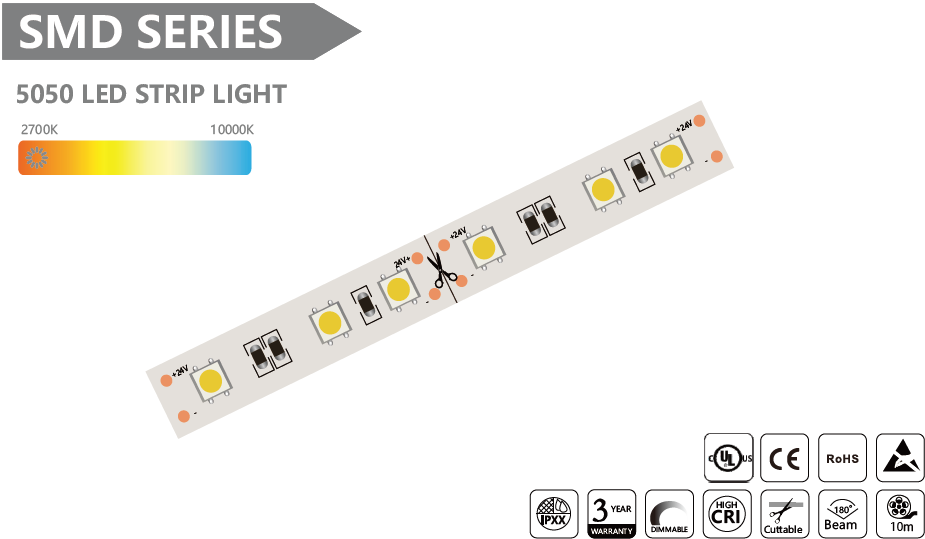 5050 SMD LED 灯带 - 10m/卷