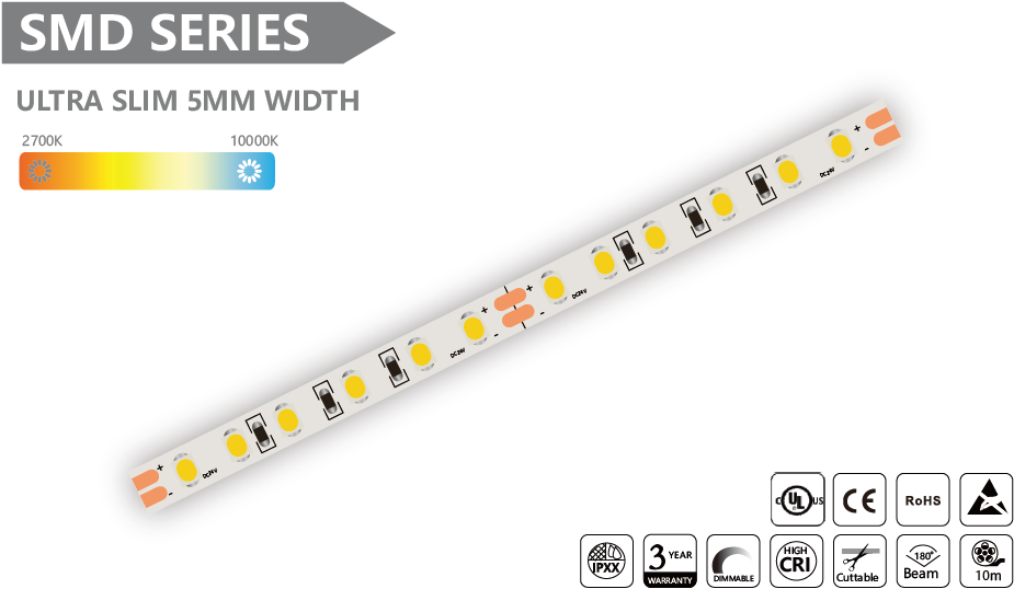 超薄 5MM 宽度 SMD LED 灯带 - 10m/卷